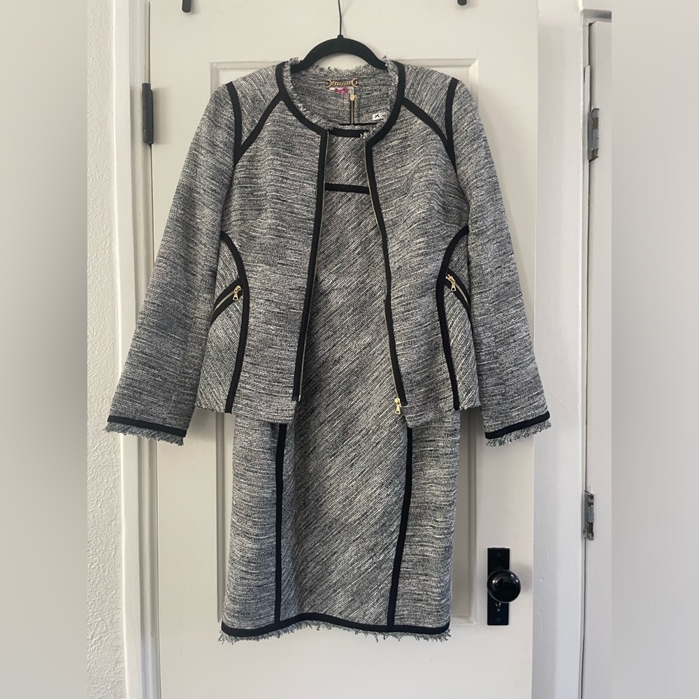 Gray sheath dress and matching jacket